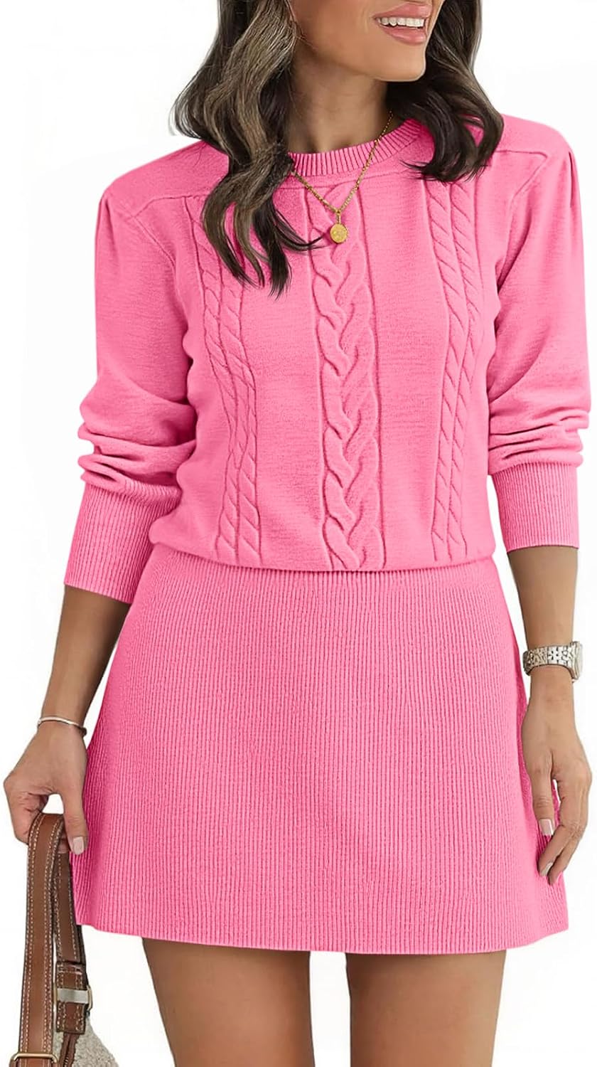 Saodimallsu Womens Puff Long Sleeve Sweater Dress Cable Knit Fall Dresses | Cable Knit, A Line, Crew Neck, Fall Casual, Flare Mini dress