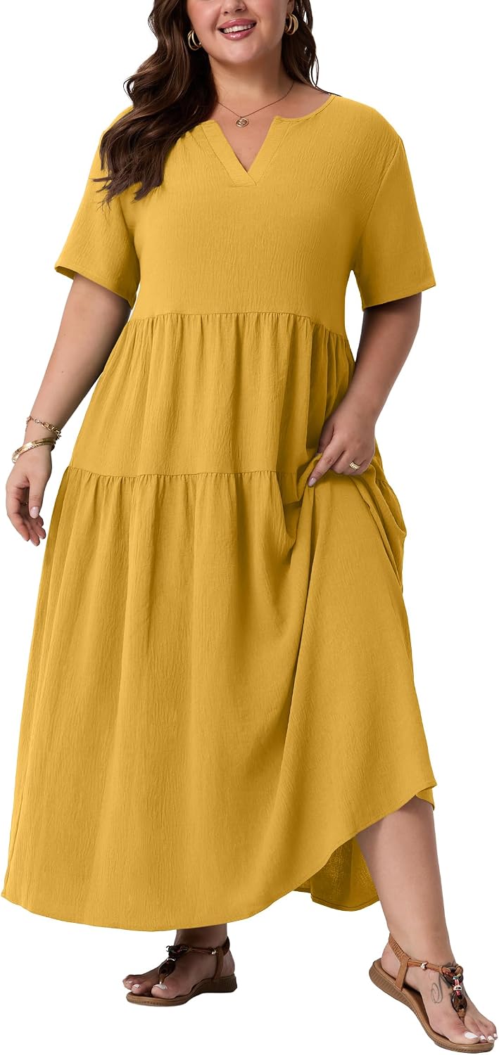OLRIK Plus Size Maxi Dresses for Curvy Women - Flowy Boho Summer Dress with Pockets, V-Neck Short Sleeve for Beach Vacation
