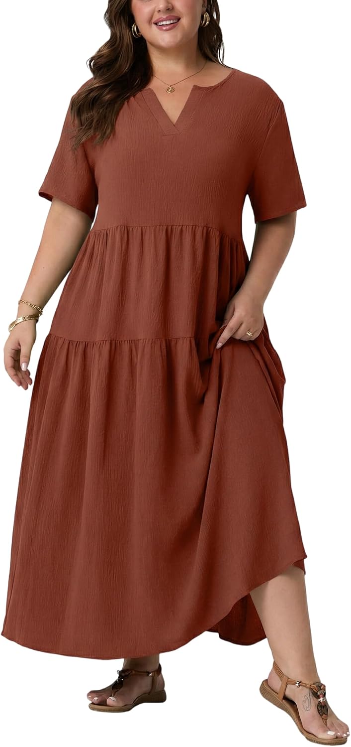OLRIK Plus Size Maxi Dresses for Curvy Women - Flowy Boho Summer Dress with Pockets, V-Neck Short Sleeve for Beach Vacation