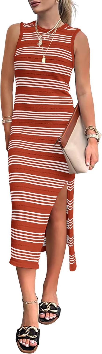 PRETTYGARDEN Women's Summer Sleeveless Striped Midi Dresses | Soft Stretchy Hollow Out Knit, Slim Fit Side Slit, Crewneck Tank Sundress Casual, Beach Vacation Outfits, Date Party Dress