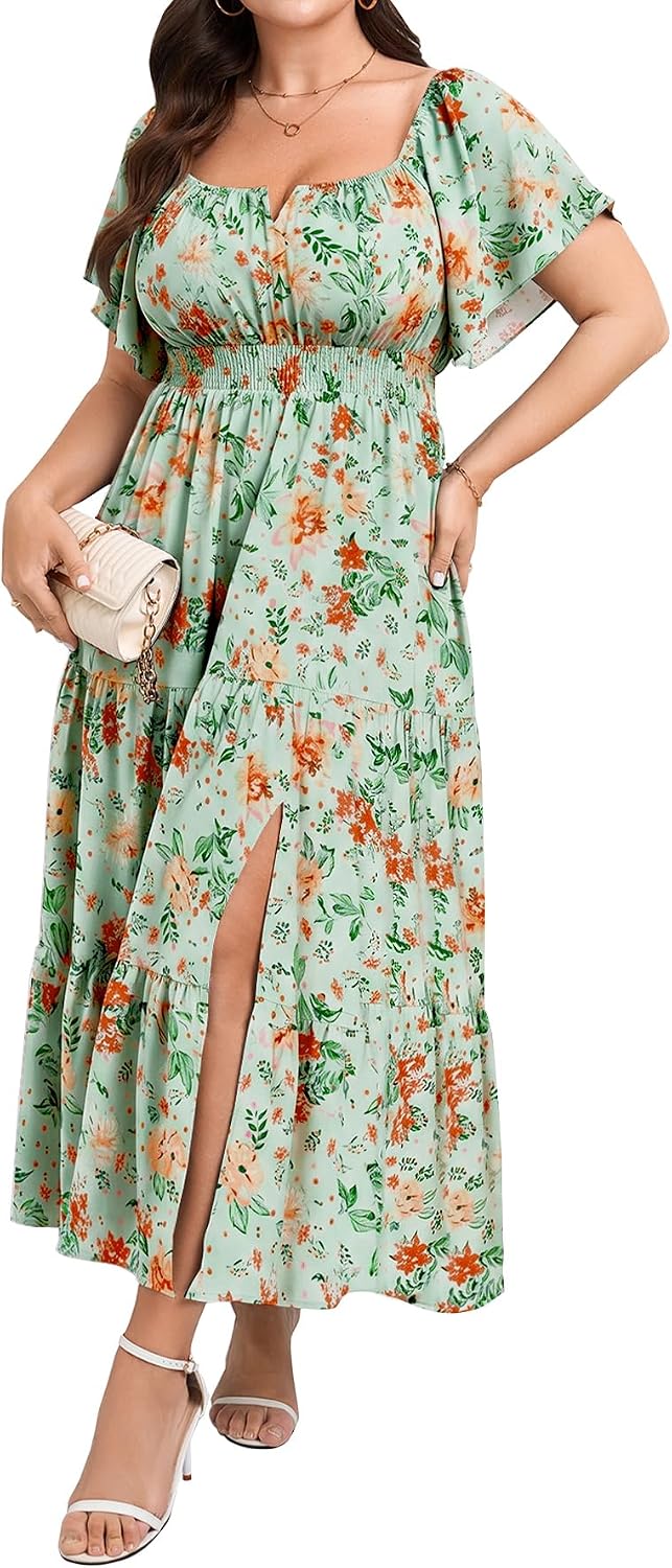 SCOMCHIC Womens Plus Size Wedding Guest Cocktail Dresses | Short Sleeve, Square Neck, Tiered Ruffle, Slit Maxi Dress