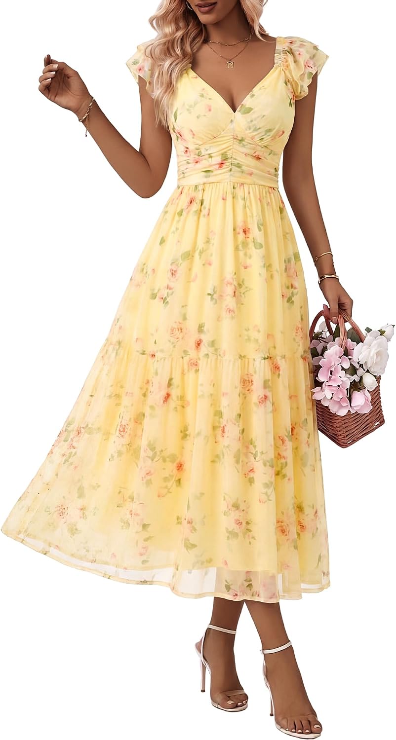 HUHOT Women's Stretchy Tulle Summer Midi Dress Ruffle Flowy Mesh Wedding Guest Sundress