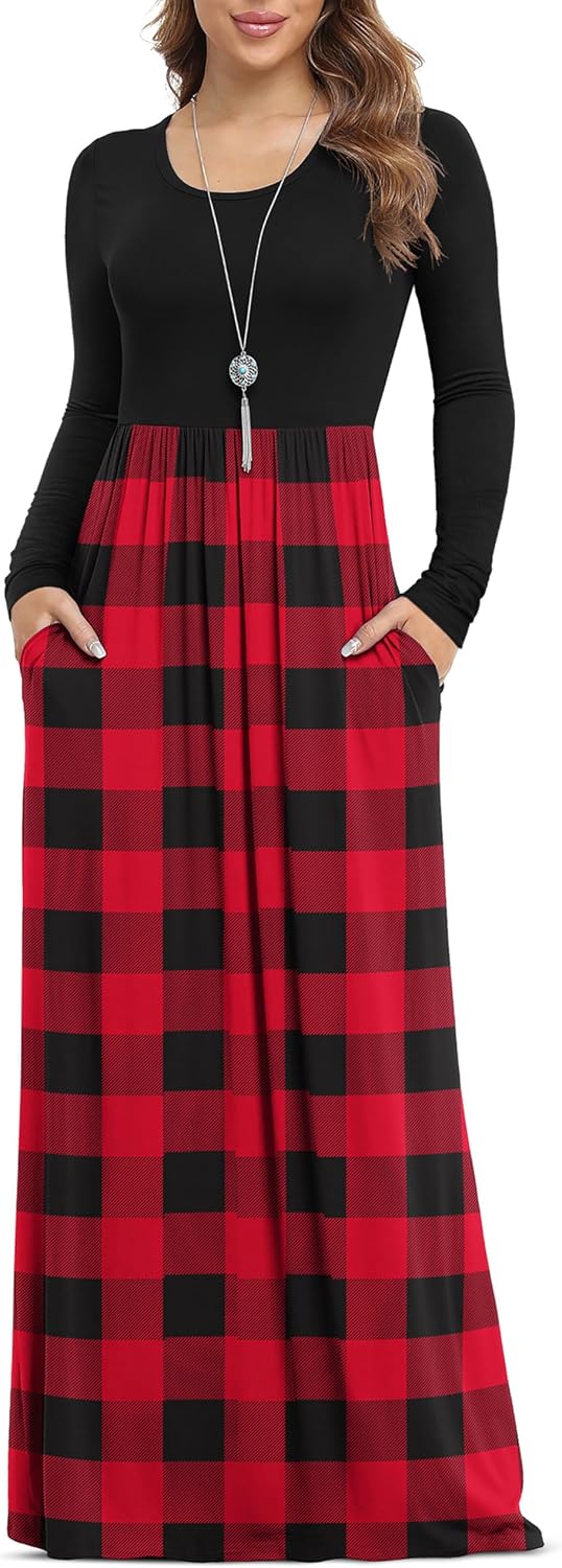 VIISHOW Women's Long Sleeve Casual Empire Waist Maxi Dress with Pockets | Soft stretch,Loose\u2011flowing dress,Full\u2011length cut,For church & daily occasions,Layer for cool Fall\u2011Winter,Casual to Formal