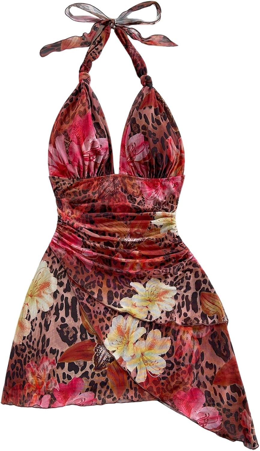 SOLY HUX Women's Y2K Summer Beach Halter Mini Dress | Retro Floral Dress, V Neck, Backless, Club Nightout, Sexy Going Out Clothes, Birthday Dress