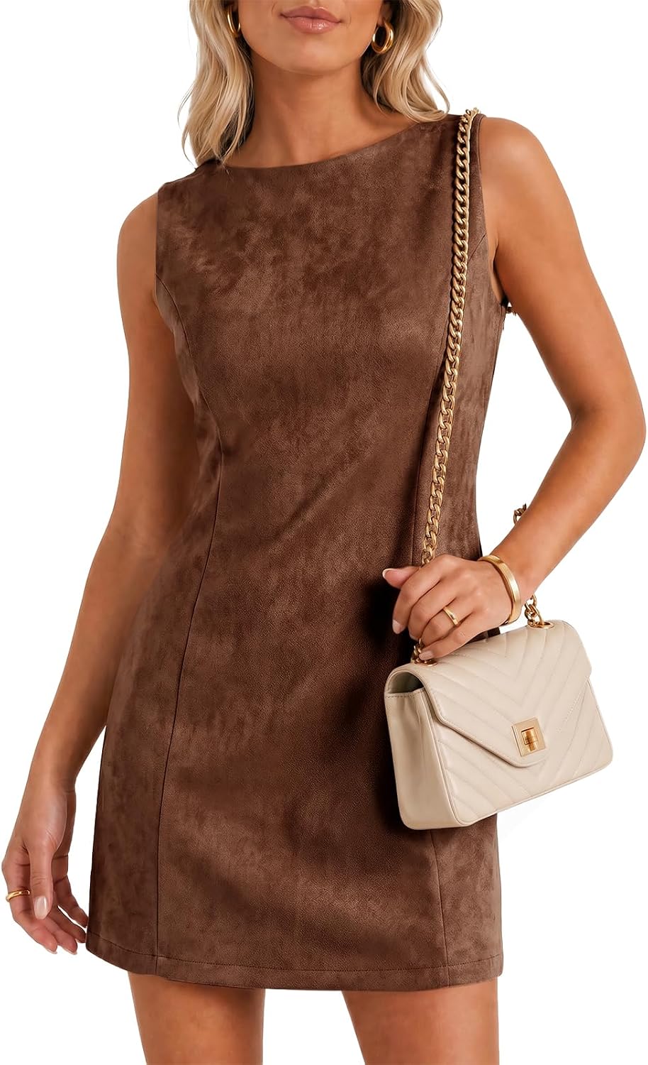 Wenrine Womens Suede Mini Dress Fall A Line Zipper Slim Party Dresses | Faux Suede, Sleeveless, Crewneck, Wear to Work, V Neck Back, Elegant Cocktail Dress, Wedding, Date Night