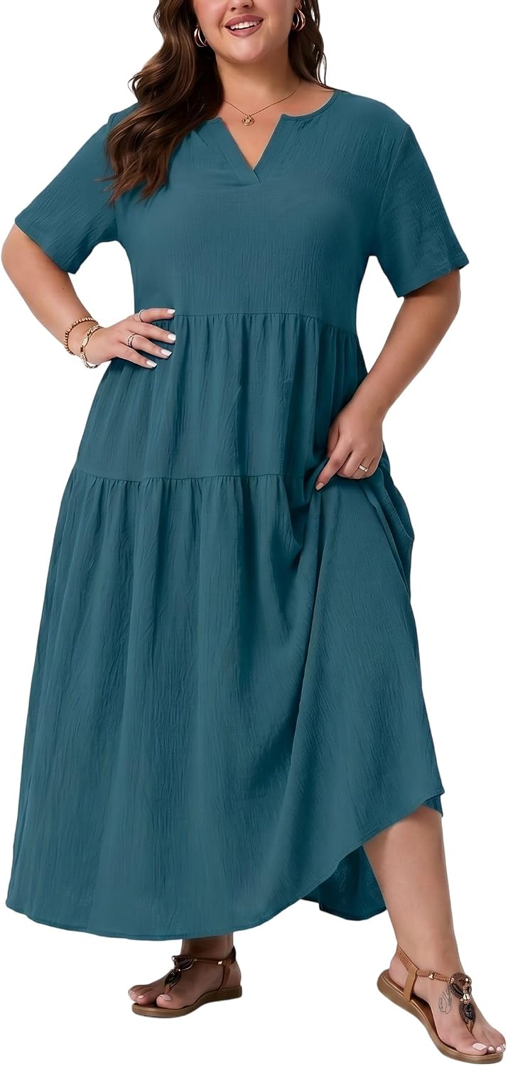 OLRIK Plus Size Maxi Dresses for Curvy Women - Flowy Boho Summer Dress with Pockets, V-Neck Short Sleeve for Beach Vacation