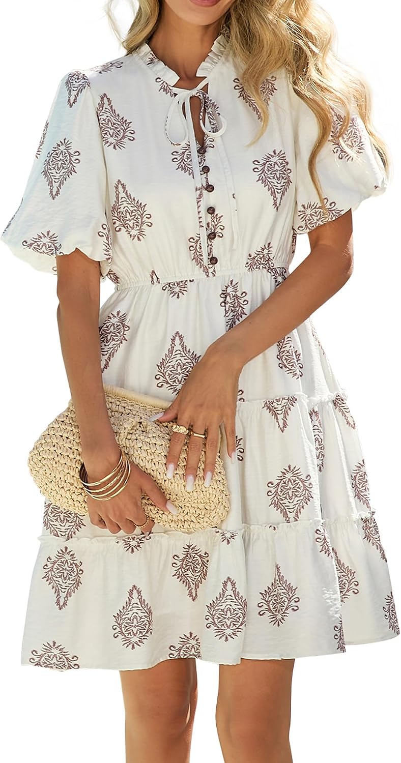 BTFBM Women Summer Floral Short Dresses V Neck Short Sleeve Tiered Ruffle Boho Swing Dress A-Line Mini Dresses