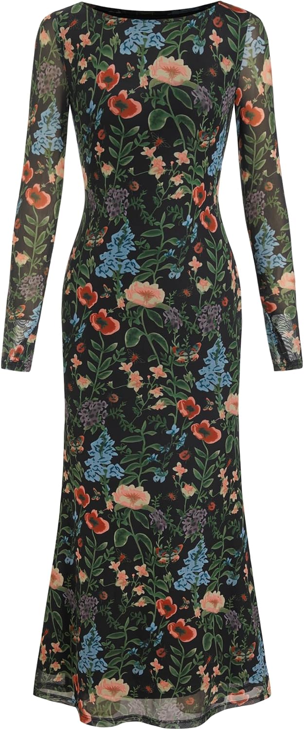 CIDER Floral Wedding Guest Dress for Women Mesh Long Sleeve Maxi Dress | Boat Neck Bodycon Dress with Thumb Holes, Semi Formal Dress, Fall Fashion Elegant Outfits