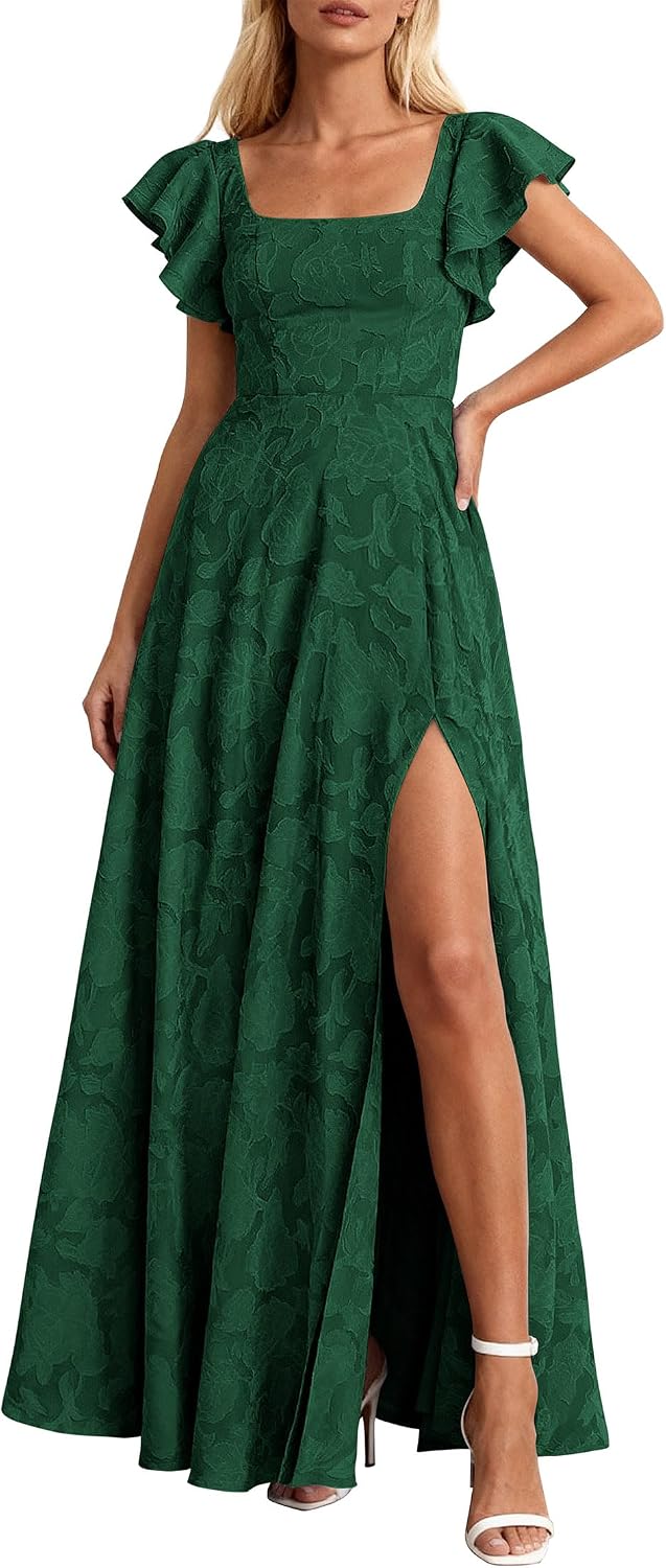 KIRUNDO Bridesmaid Wedding Guest Formal Dresses for Women | Elegant Summer Maxi Dress, Lace Floral Prom Party Cocktail Dress, Smocked Bust, Tie Back, Split A Line Swing, With Pockets