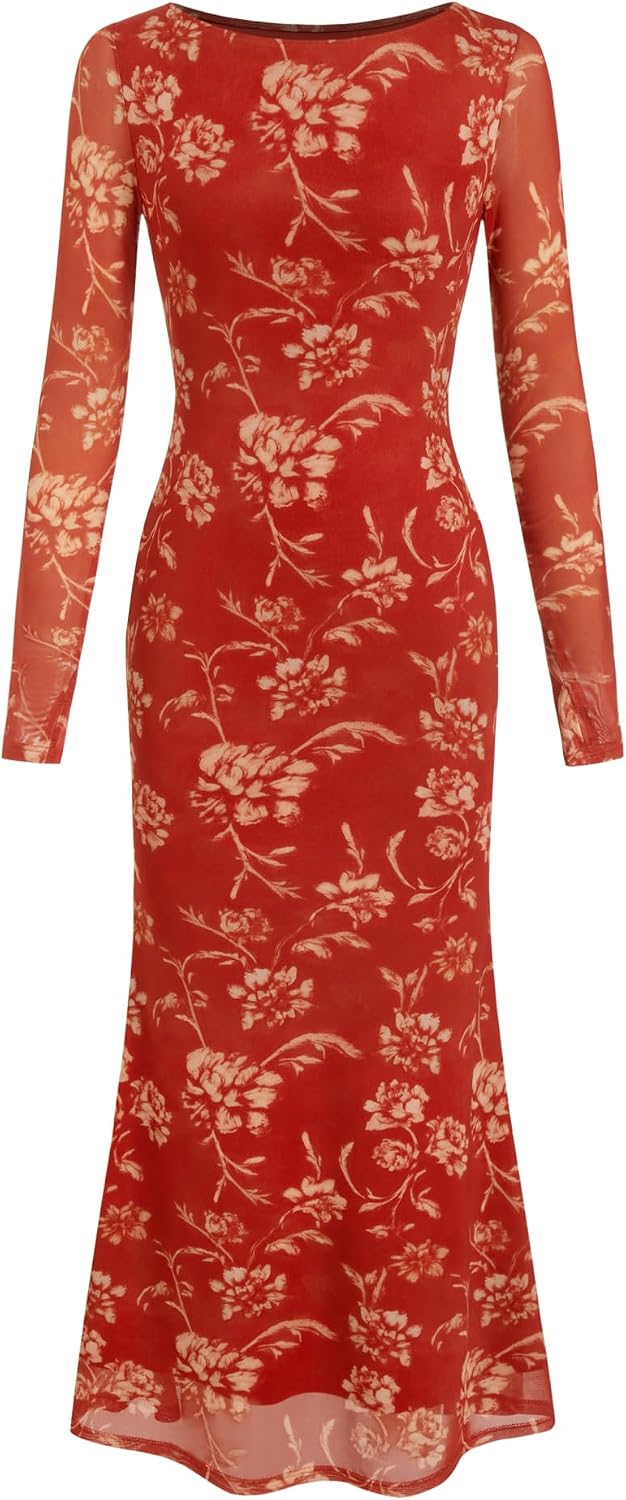 CIDER Floral Wedding Guest Dress for Women Mesh Long Sleeve Maxi Dress | Boat Neck Bodycon Dress with Thumb Holes, Semi Formal Dress, Fall Fashion Elegant Outfits