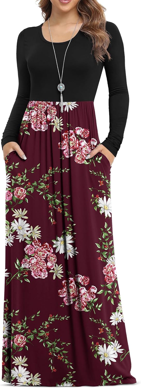 VIISHOW Women's Long Sleeve Casual Empire Waist Maxi Dress with Pockets | Soft stretch,Loose\u2011flowing dress,Full\u2011length cut,For church & daily occasions,Layer for cool Fall\u2011Winter,Casual to Formal
