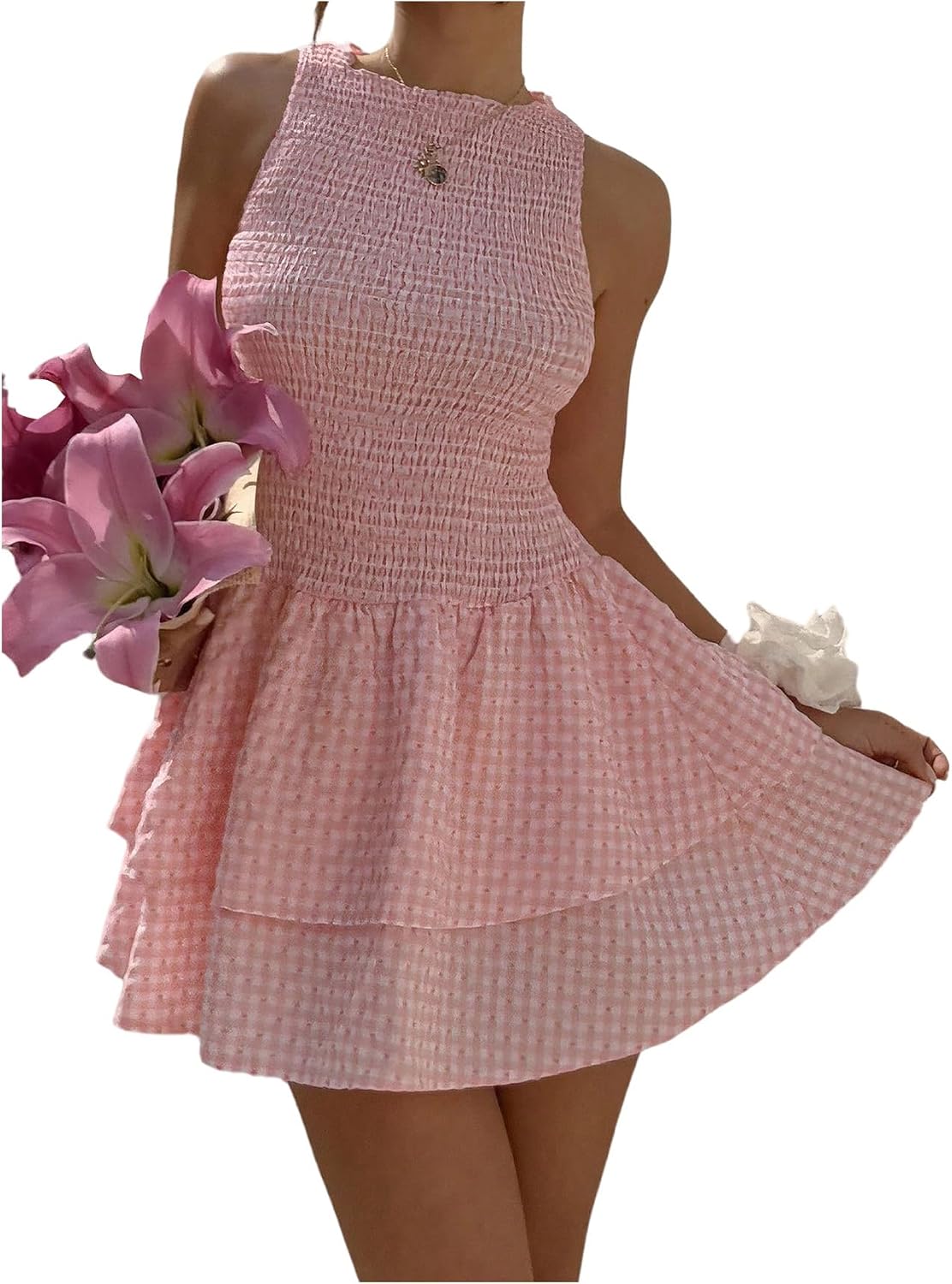 GORGLITTER Women's Gingham Mini Dress Cute Smocked Plaid Baby Doll Dresses | Picnic Country Dress, Boho Cowgirl Dresses, Ruffle Checkered Vacation Sundresses, Going Out Outfits