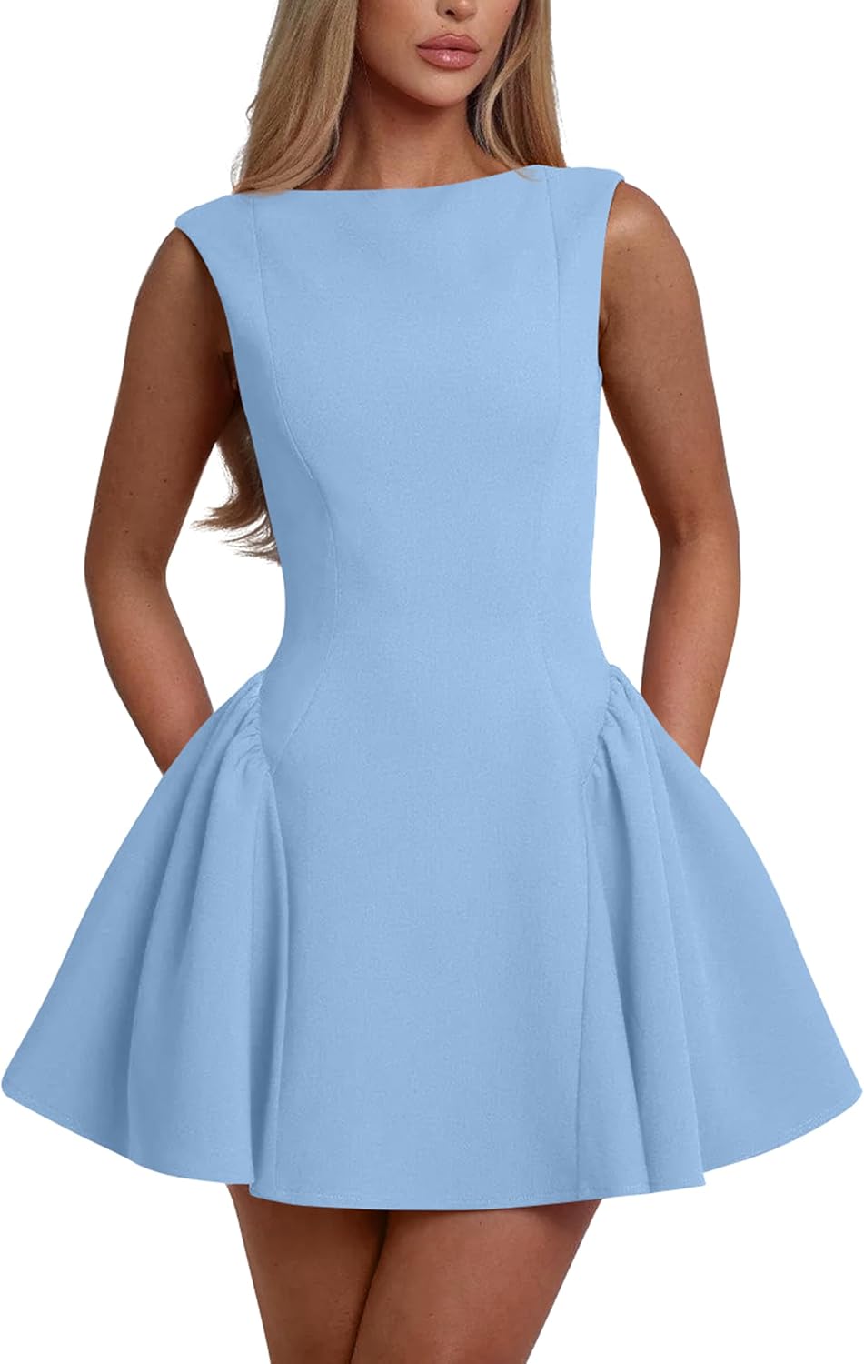 YMDUCH Women's Summer Sleeveless Backless A-line Mini Prom Dress | Crew Neck,Backless,Birthday,Party,Homecoming,Gradution,Back to School,Club,Date,Cute,Prom,Stretch,Solid,Comfy,Fashion,Trendy