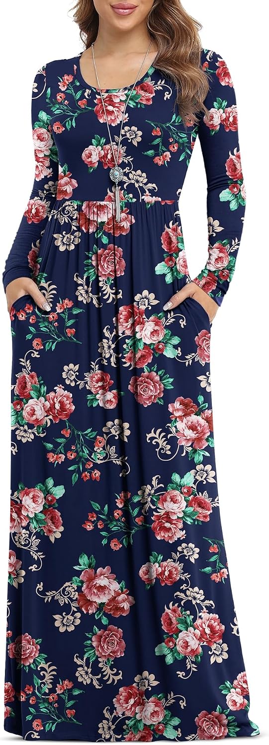 VIISHOW Women's Long Sleeve Casual Empire Waist Maxi Dress with Pockets | Soft stretch,Loose\u2011flowing dress,Full\u2011length cut,For church & daily occasions,Layer for cool Fall\u2011Winter,Casual to Formal
