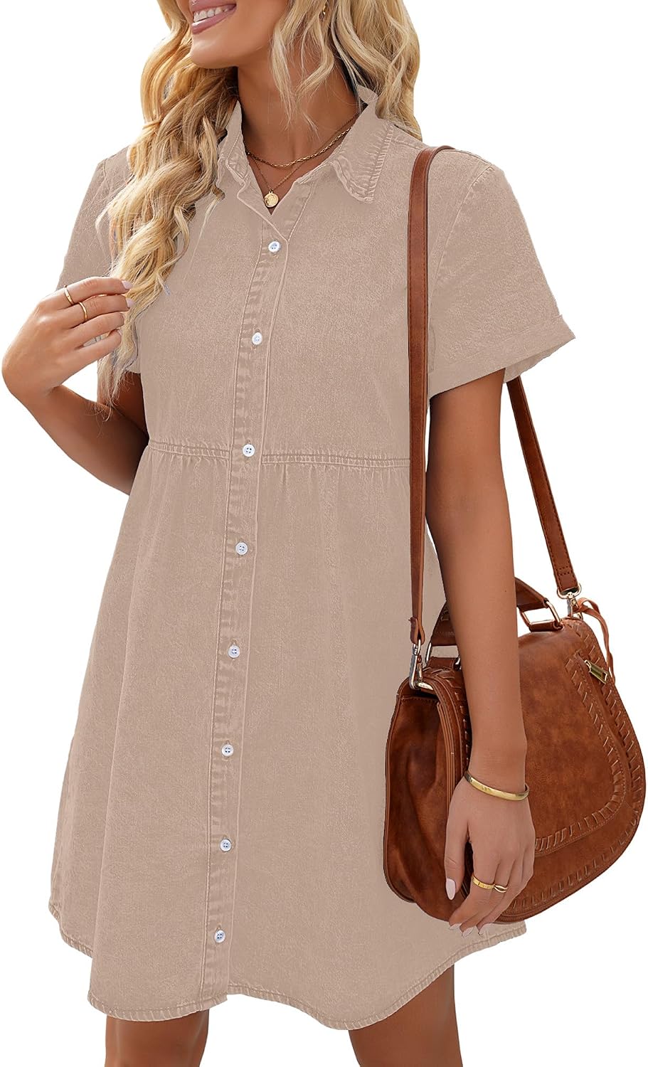 LookbookStore Denim Dress for Women Short Sleeve Flowy Babydoll Jean Dress | Trendy Womens Summer Dresses, Tiered Baby Doll Short Dress, Above Knee Length, Button Down, Daily Wear, Country Concert Dress