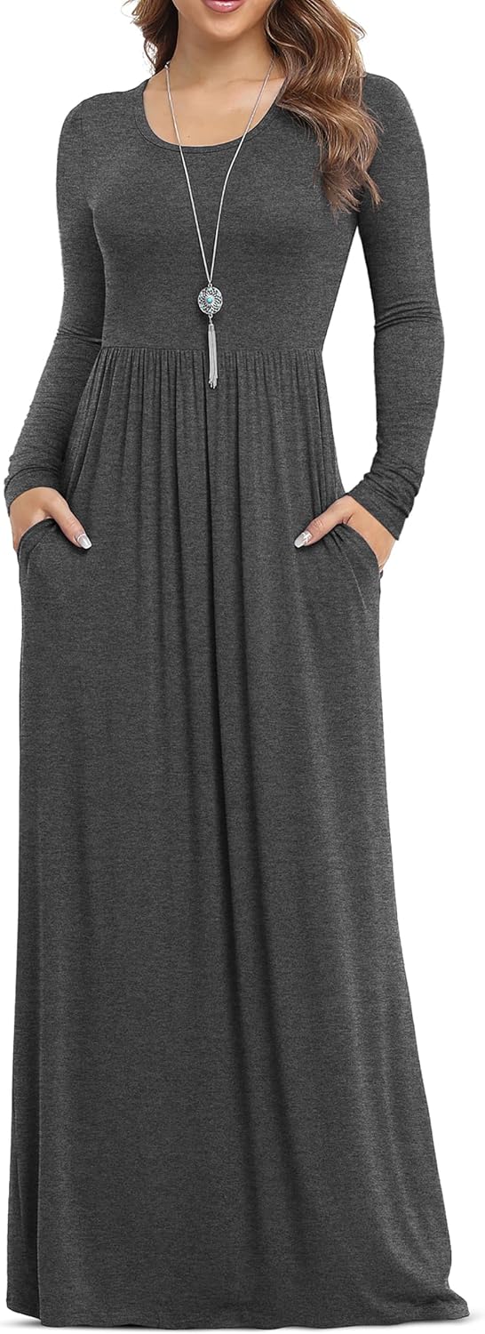 VIISHOW Women's Long Sleeve Casual Empire Waist Maxi Dress with Pockets | Soft stretch,Loose\u2011flowing dress,Full\u2011length cut,For church & daily occasions,Layer for cool Fall\u2011Winter,Casual to Formal