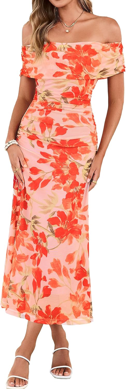 Simplee Womens Off Shoulder Maxi Dress Summer Floral Wedding Guest Dresses | Mesh Ruched Bodycon, Semi Formal Dress 2026, Strapless Spring Pastel Elegant, Cocktail Party Prom, Bridal Shower, Beach