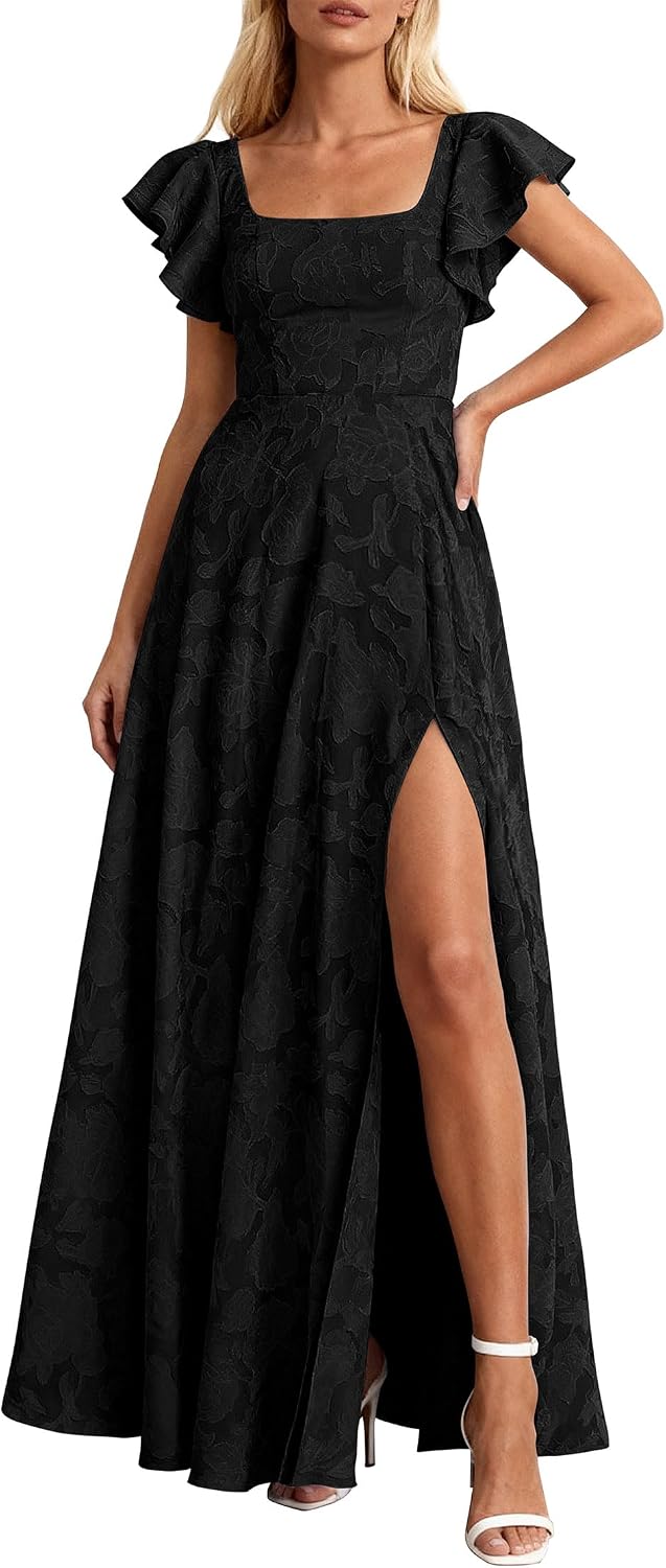 KIRUNDO Bridesmaid Wedding Guest Formal Dresses for Women | Elegant Summer Maxi Dress, Lace Floral Prom Party Cocktail Dress, Smocked Bust, Tie Back, Split A Line Swing, With Pockets