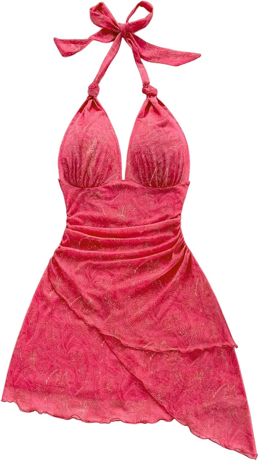 SOLY HUX Women's Y2K Summer Beach Halter Mini Dress | Retro Floral Dress, V Neck, Backless, Club Nightout, Sexy Going Out Clothes, Birthday Dress