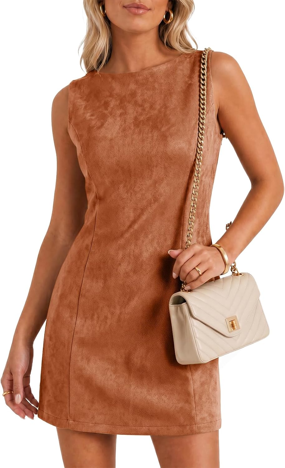 Wenrine Womens Suede Mini Dress Fall A Line Zipper Slim Party Dresses | Faux Suede, Sleeveless, Crewneck, Wear to Work, V Neck Back, Elegant Cocktail Dress, Wedding, Date Night
