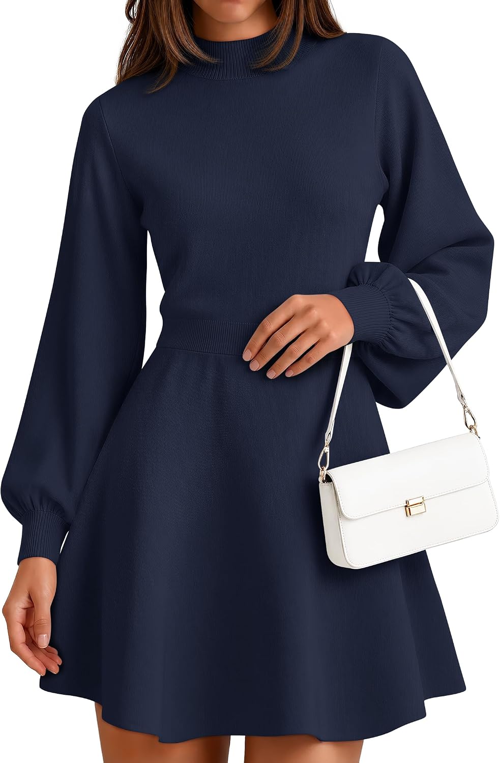 ZESICA Womens Fall Mock Neck Long Lantern Sleeve Sweater Mini Dress | High Waist A Line, Swing Short Dresses, Soft Ribbed Knit, 2026 Winter Elegant Cocktail Party Formal Wedding Guest Dress