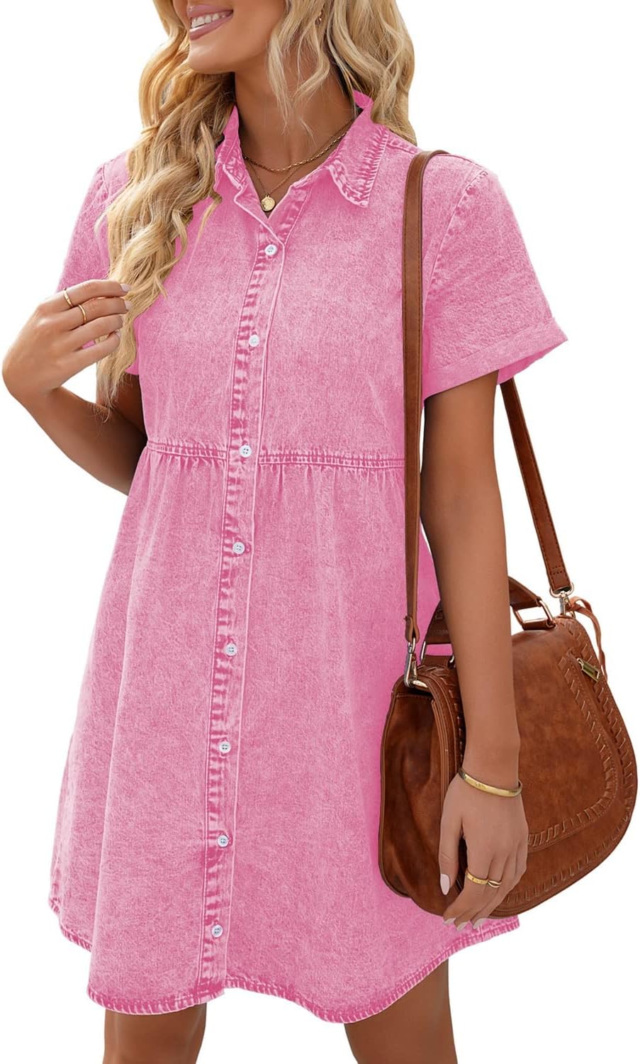 LookbookStore Denim Dress for Women Short Sleeve Flowy Babydoll Jean Dress | Trendy Womens Summer Dresses, Tiered Baby Doll Short Dress, Above Knee Length, Button Down, Daily Wear, Country Concert Dress