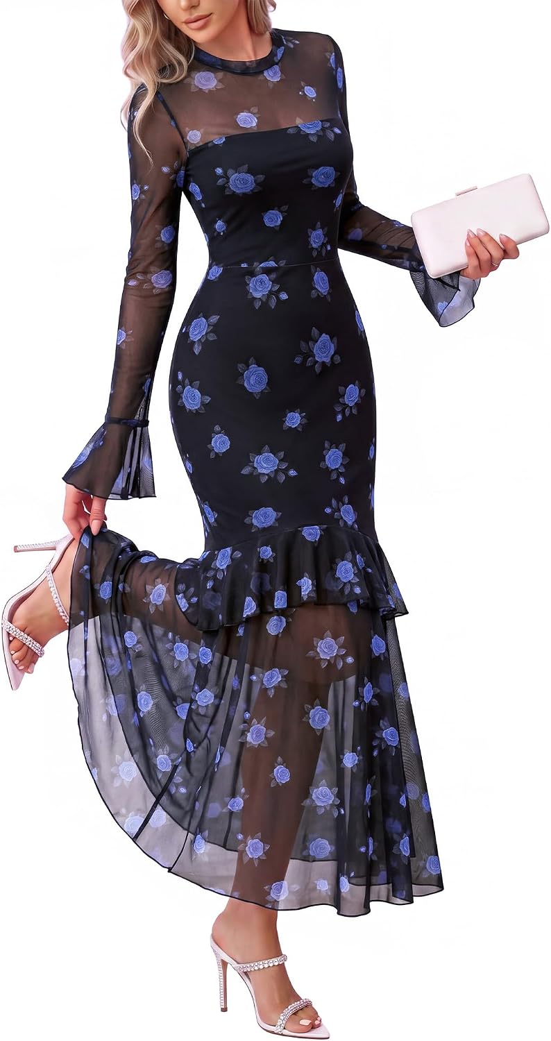 BTFBM Elegant Wedding Guest Dress Long Sleeve Maxi Dresses for Women | Bell Sleeves,Crew Neck,Floral,Mesh,Tiered Ruffle,Fashion Clothing,Homecoming Dresses,Cocktail Dress,Maxi,Fall Outfits 2026