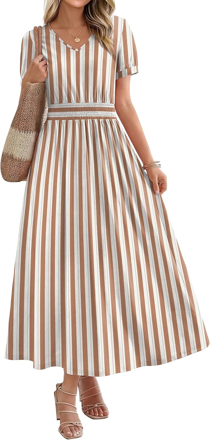 OFEEFAN Maxi Dresses for Women V Neck Ladies Midi Long Dress A Line Smocked Waisted Casual Summer Spring Clothes Boho Beach