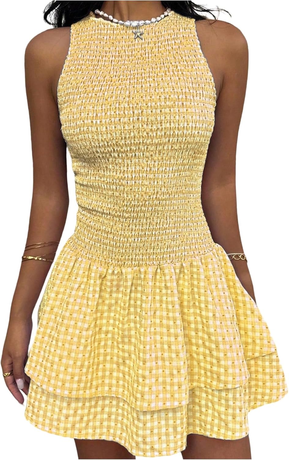 GORGLITTER Women's Gingham Mini Dress Cute Smocked Plaid Baby Doll Dresses | Picnic Country Dress, Boho Cowgirl Dresses, Ruffle Checkered Vacation Sundresses, Going Out Outfits