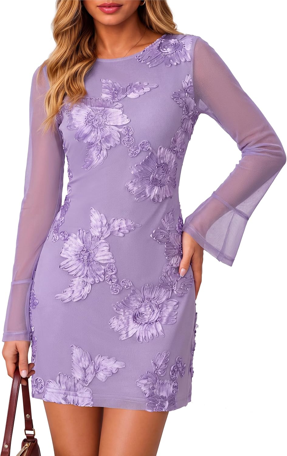 Simplee Womens Mini Fall Wedding Guest Dresses Mesh Bodycon Floral Dress | Crew Neck, Flare Long Sleeve, Semi Formal Cocktail Party Dress 2026, Short Baby Bridal Shower, Winter Evening Gowns Outfits