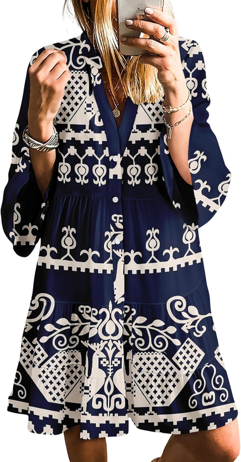SELINK Womens Long Sleeve Dresses Casual V Neck Tribal Mini Beach Dress | flowy summer dress, front button, bell sleeve, boho, tiered, loose fit for vacation daily outfits