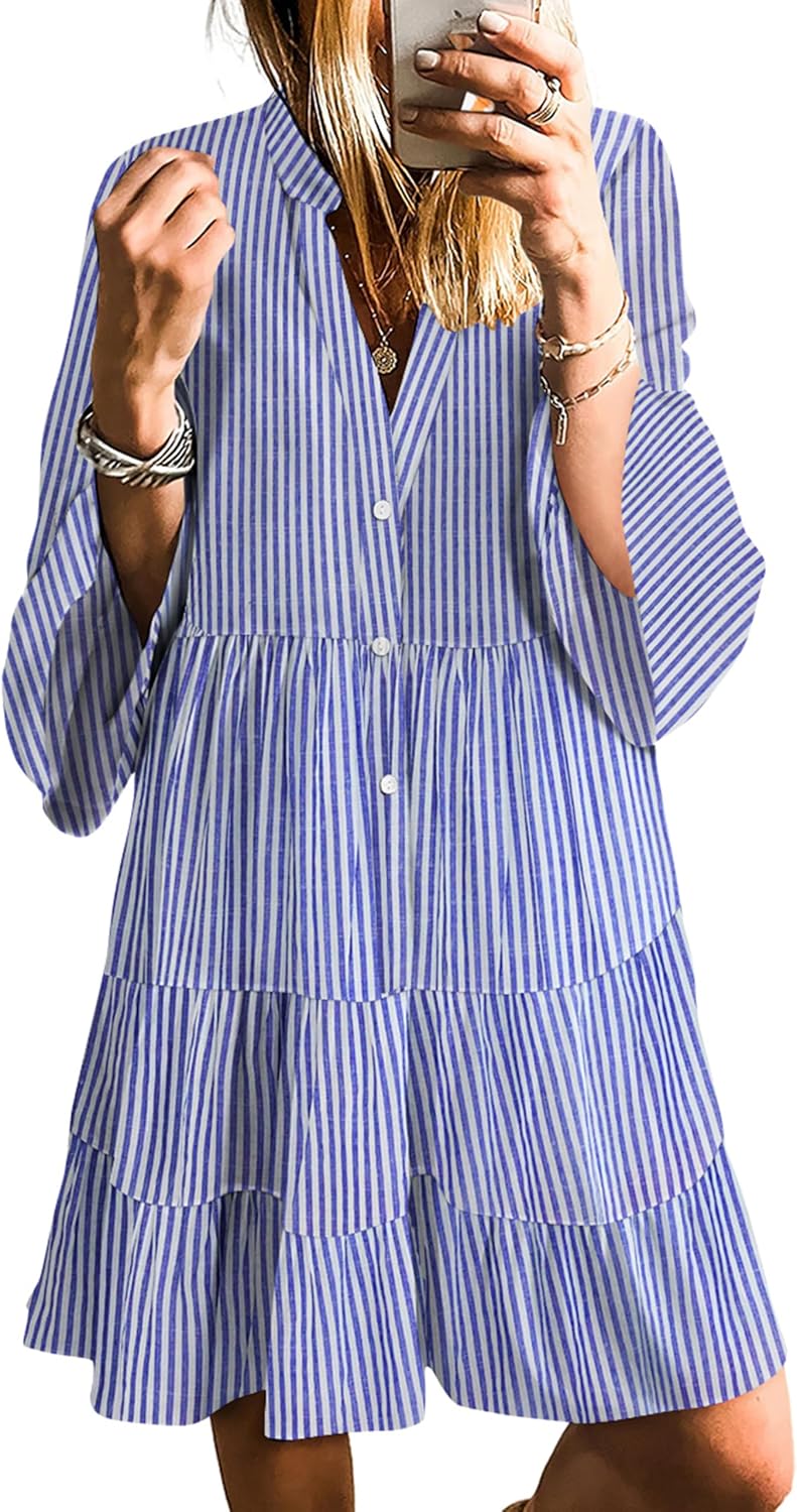 SELINK Womens Long Sleeve Dresses Casual V Neck Tribal Mini Beach Dress | flowy summer dress, front button, bell sleeve, boho, tiered, loose fit for vacation daily outfits