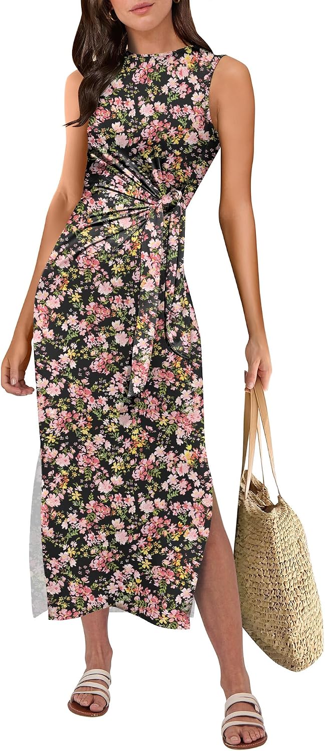 ANRABESS Women's Sleeveless T-Shirt Midi Tank Dress | Summer Casual, Slim Fit, Tie Waist Split Trendy Long Dresses, 2026 Travel Vacation Beach Sundress, Soft Comfy