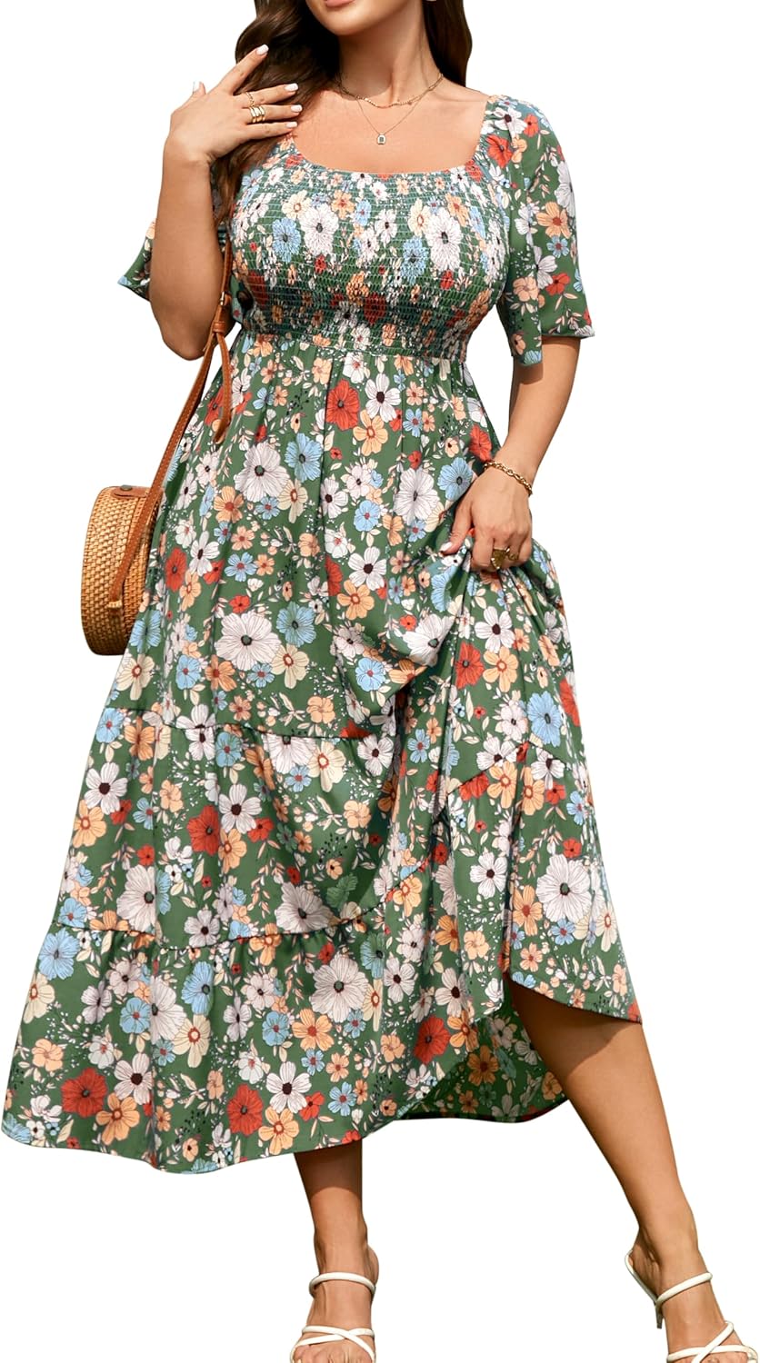 RWJ Women's Plus Size Summer Dresses Short Sleeve Smocked Boho Maxi Dress | Beach Dresses for Women 2026 Vacation, Bohemian Floral Square Neck Empire Waist, Wedding Guest Baby Shower Casual Sundress