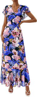 PRETTYGARDEN Womens Summer Boho Floral Maxi Dress | V Neck Ruffle Sleeve Tiered A-Line Sundress, Lightweight Flowy Long Dresses for Spring Wedding Guest, Cocktail Party, Cruise