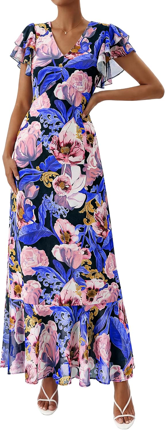 PRETTYGARDEN Womens Summer Boho Floral Maxi Dress | V Neck Ruffle Sleeve Tiered A-Line Sundress, Lightweight Flowy Long Dresses for Spring Wedding Guest, Cocktail Party, Cruise
