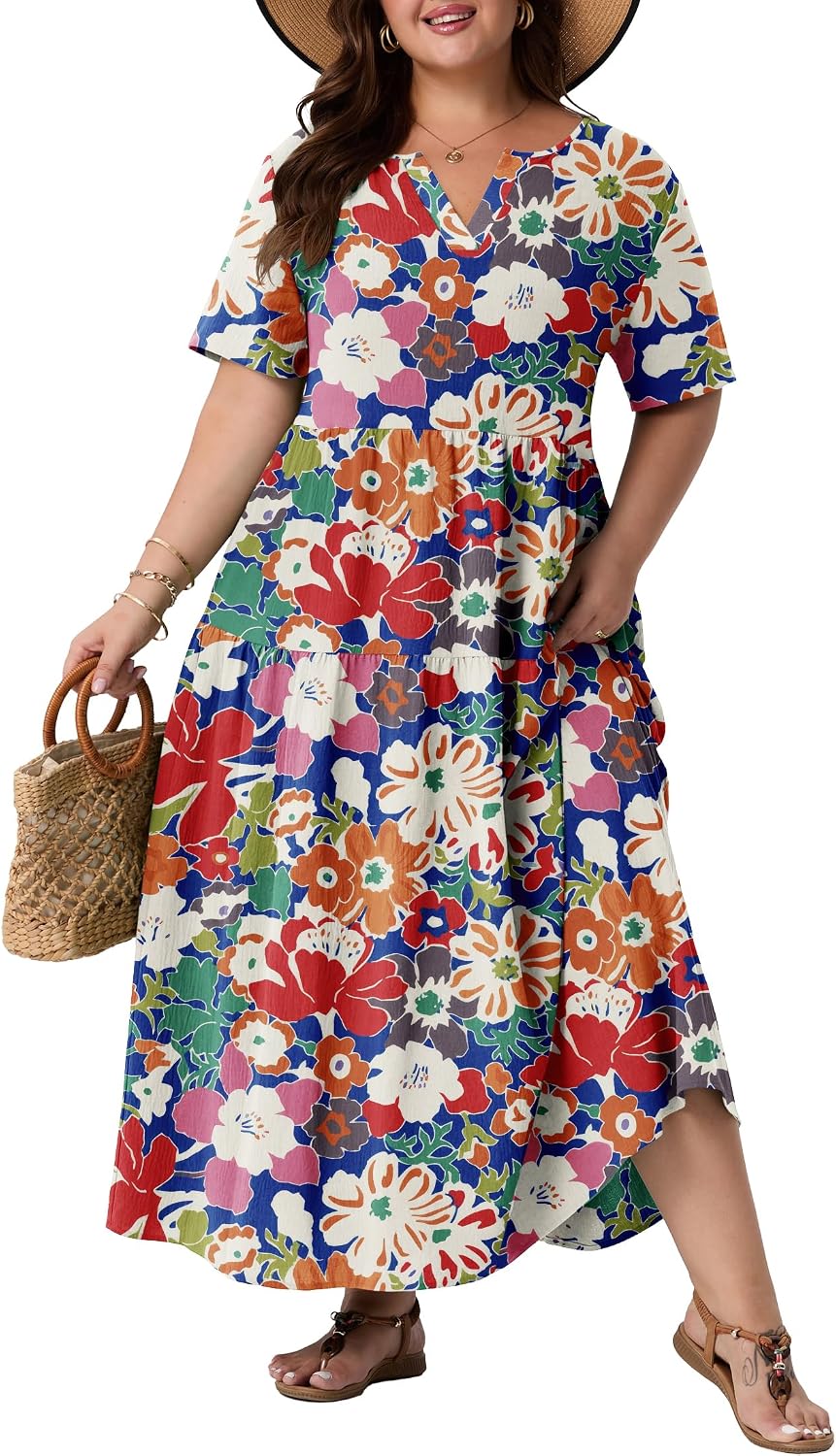 OLRIK Plus Size Maxi Dresses for Curvy Women - Flowy Boho Summer Dress with Pockets, V-Neck Short Sleeve for Beach Vacation