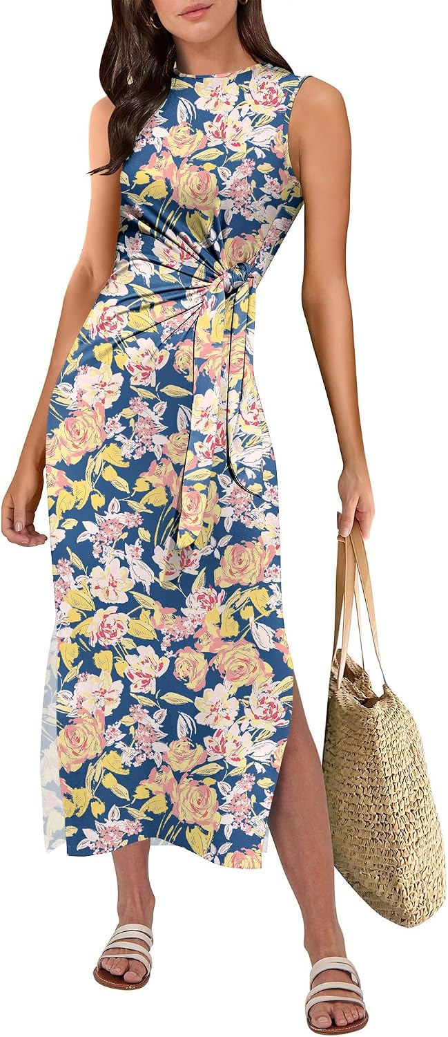 ANRABESS Women's Sleeveless T-Shirt Midi Tank Dress | Summer Casual, Slim Fit, Tie Waist Split Trendy Long Dresses, 2026 Travel Vacation Beach Sundress, Soft Comfy