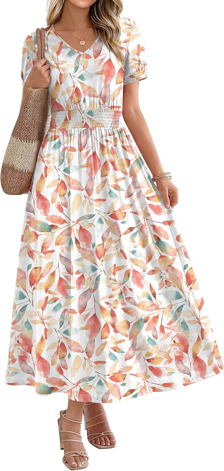 OFEEFAN Maxi Dresses for Women V Neck Ladies Midi Long Dress A Line Smocked Waisted Casual Summer Spring Clothes Boho Beach