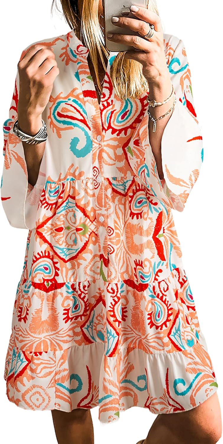 SELINK Womens Long Sleeve Dresses Casual V Neck Tribal Mini Beach Dress | flowy summer dress, front button, bell sleeve, boho, tiered, loose fit for vacation daily outfits