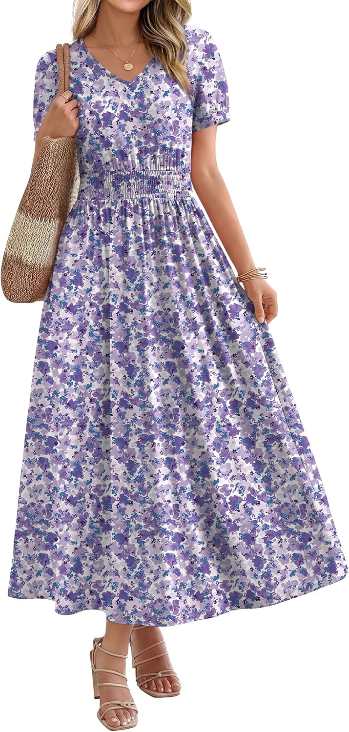OFEEFAN Maxi Dresses for Women V Neck Ladies Midi Long Dress A Line Smocked Waisted Casual Summer Spring Clothes Boho Beach