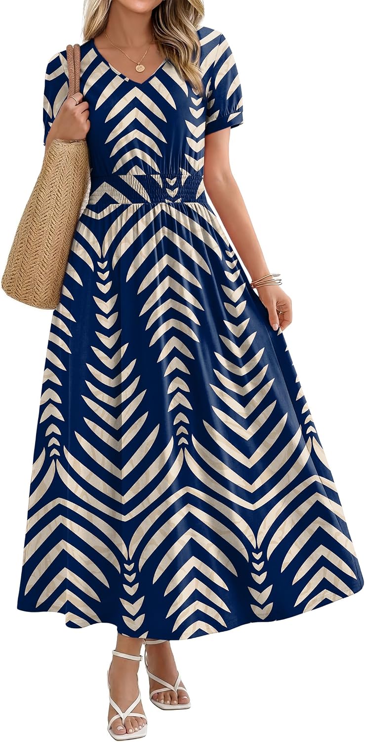 OFEEFAN Maxi Dresses for Women V Neck Ladies Midi Long Dress A Line Smocked Waisted Casual Summer Spring Clothes Boho Beach