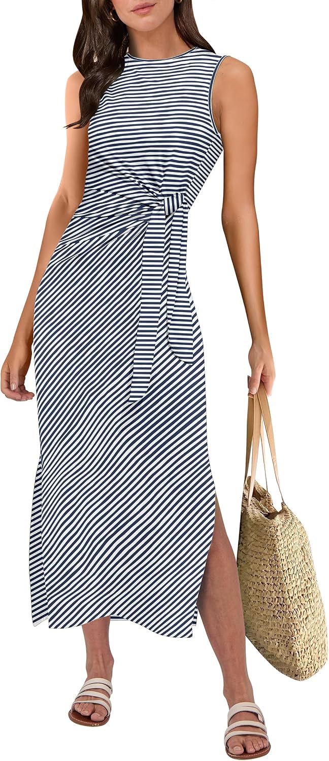 ANRABESS Women's Sleeveless T-Shirt Midi Tank Dress | Summer Casual, Slim Fit, Tie Waist Split Trendy Long Dresses, 2026 Travel Vacation Beach Sundress, Soft Comfy