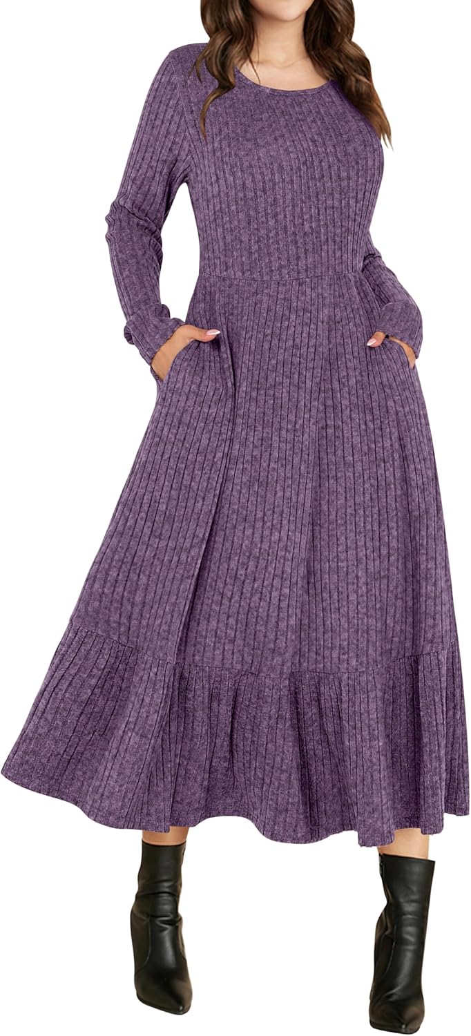 ANRABESS Womens Fall Long Sleeve Midi Dress | Crewneck Swing Flowy A Line Dresses, Soft Comfy Rib Knit, Casual Everyday Date Nights Wear, Minimal Elegant, Winter Layering