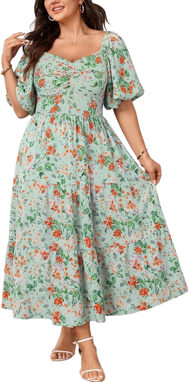 SHESTARR Womens Plus Size Wedding Guest Maxi Dress | Puffy Short Sleeve, Sweetheart Neckline, Smocked, Flowy, Tiered, A Line, Summer, Long Dresses