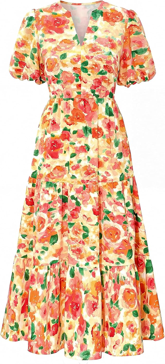 dowerme Women Summer Puff Short Sleeve Floral Boho Tiered Ruffle Maxi Dress | Casual V Neck Wedding Guest Dresses 2026,Fall Fashion A-Line Long Sundress with Pockets,Spring Flowy Beach Vacation Clothes