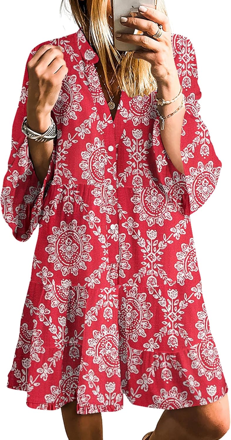 SELINK Womens Long Sleeve Dresses Casual V Neck Tribal Mini Beach Dress | flowy summer dress, front button, bell sleeve, boho, tiered, loose fit for vacation daily outfits