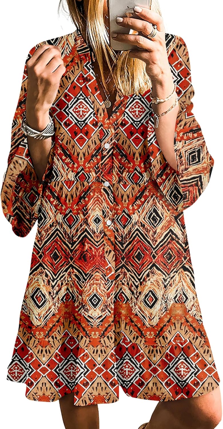 SELINK Womens Long Sleeve Dresses Casual V Neck Tribal Mini Beach Dress | flowy summer dress, front button, bell sleeve, boho, tiered, loose fit for vacation daily outfits