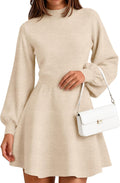 ZESICA Womens Fall Mock Neck Long Lantern Sleeve Sweater Mini Dress | High Waist A Line, Swing Short Dresses, Soft Ribbed Knit, 2026 Winter Elegant Cocktail Party Formal Wedding Guest Dress