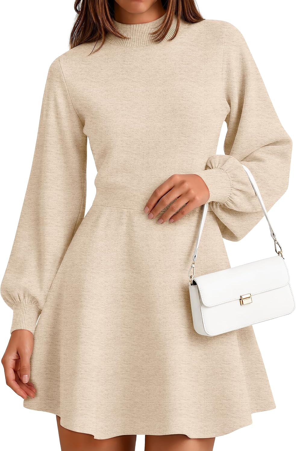 ZESICA Womens Fall Mock Neck Long Lantern Sleeve Sweater Mini Dress | High Waist A Line, Swing Short Dresses, Soft Ribbed Knit, 2026 Winter Elegant Cocktail Party Formal Wedding Guest Dress